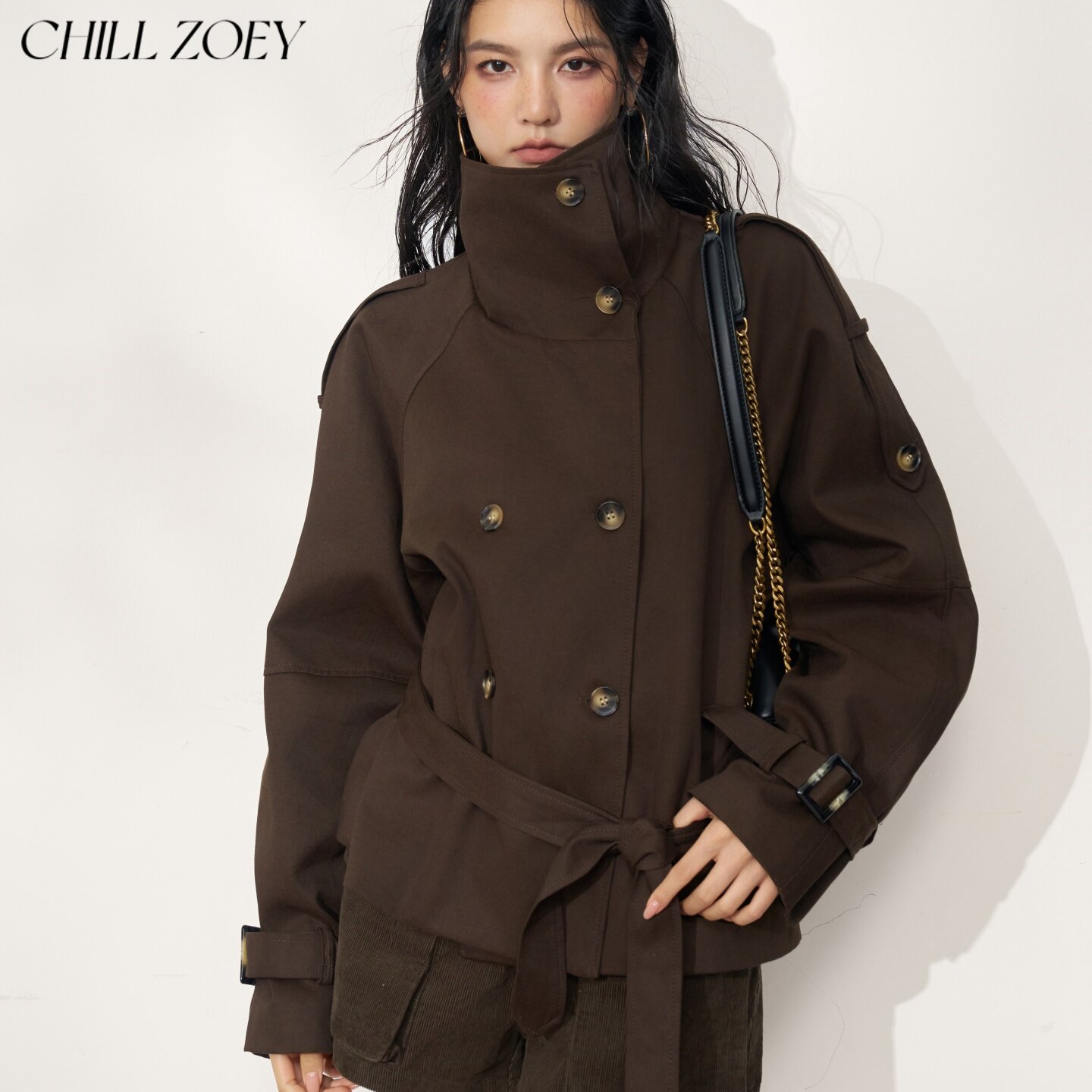 CHILL ZOEY旧褐风衣外套女美拉德立领双排扣收腰高级感工装风上衣