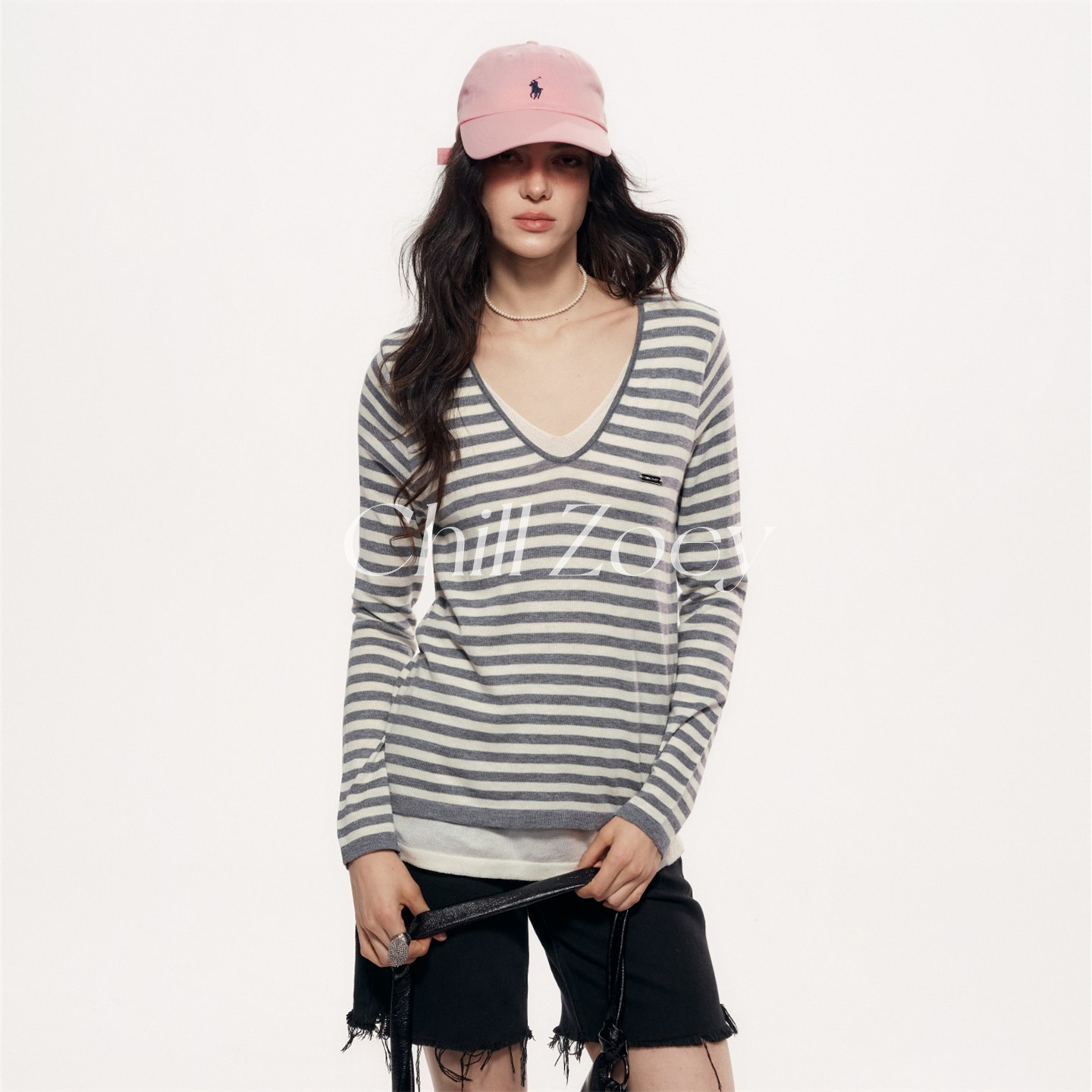 CHILL ZOEY 月眠条纹上衣慵懒风V领女宽松显瘦打底衫休闲长袖T恤