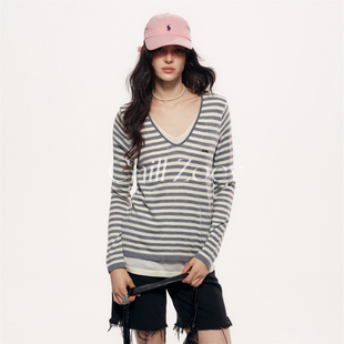 CHILL ZOEY 月眠条纹上衣慵懒风V领女宽松显瘦打底衫休闲长袖T恤