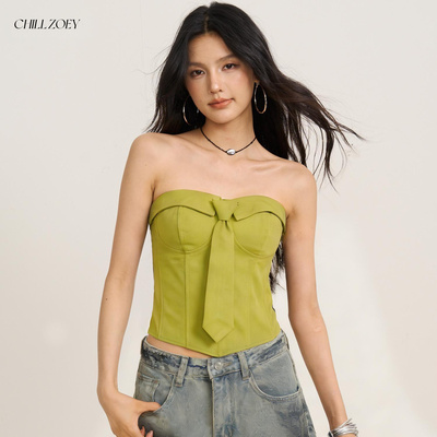 CHILL ZOEY 结构领带抹胸上衣设计感鱼骨束腰辣妹无肩带裹胸背心