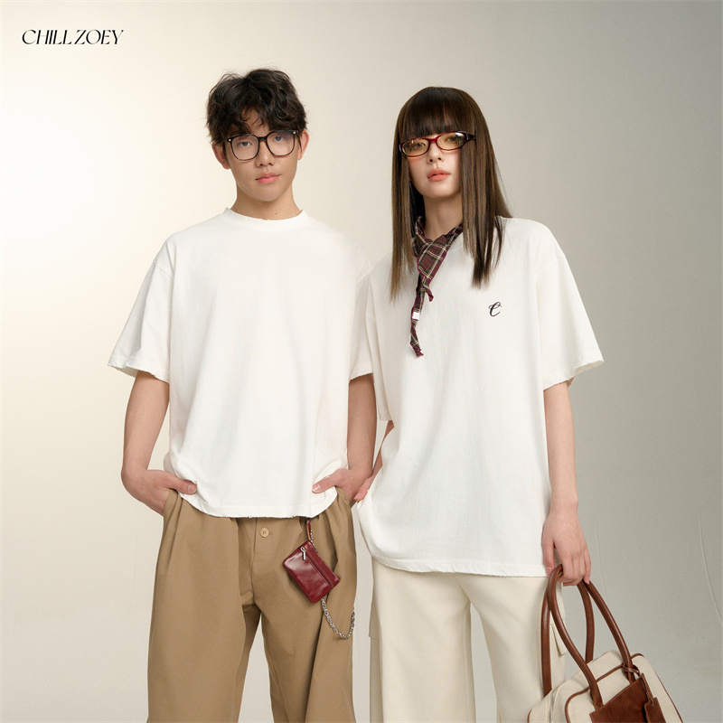CHILL ZOEY纯色宽松字母T恤女纯棉T恤女2026春短袖T恤女白T恤