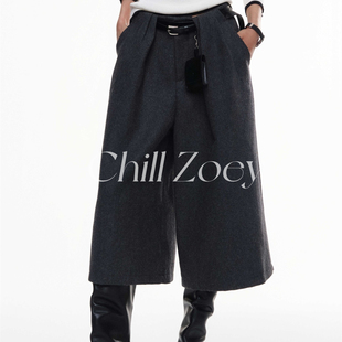 CHILL ZOEY 黑爵士毛呢裤女秋冬高腰西装裤小众设计感直筒高级感