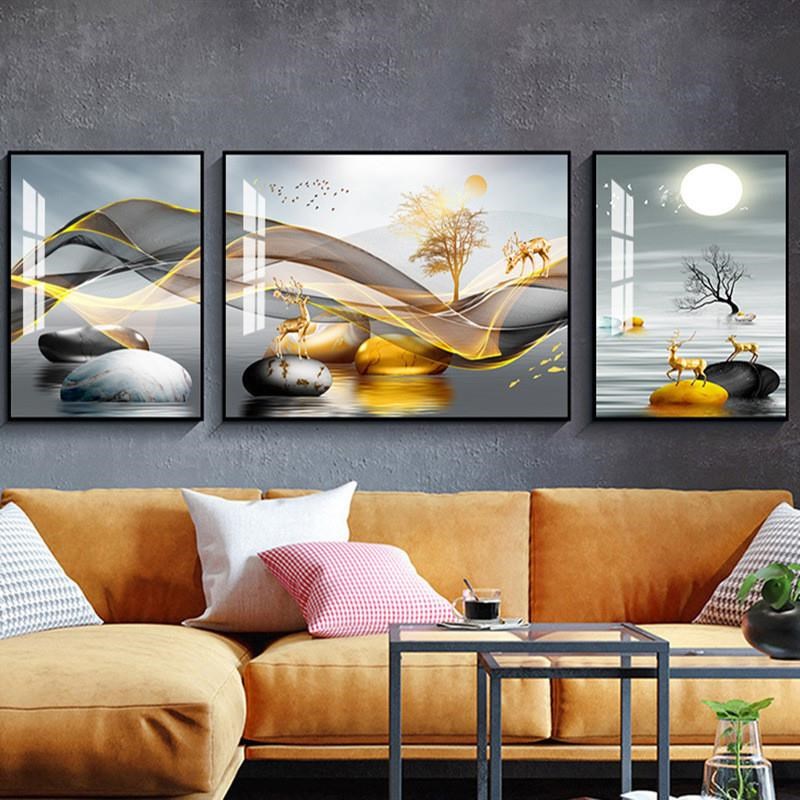 晶瓷镶钻客厅装饰画沙发背景墙三联画现代简约挂S画晶瓷画轻奢壁图片