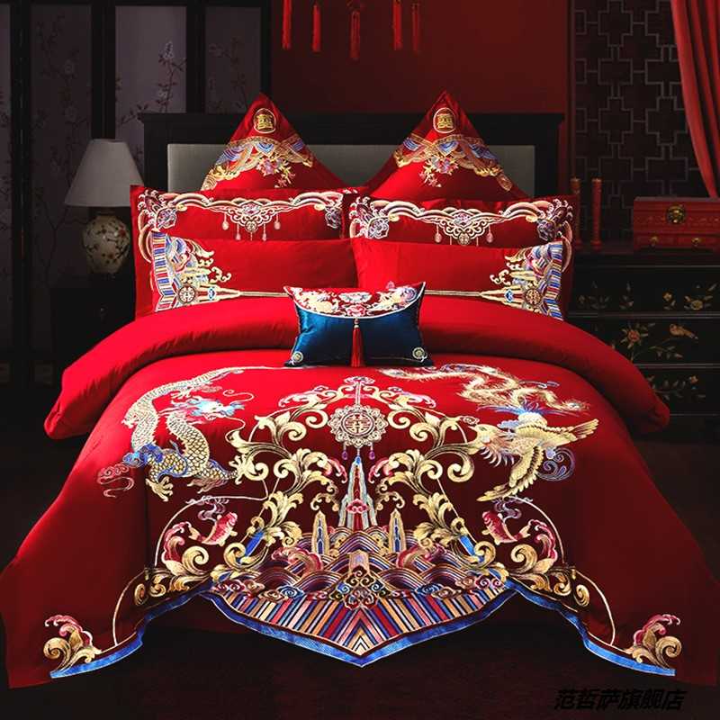 极速新款刺绣四件套婚庆大红结婚床D上用品新婚床单被套六八十件