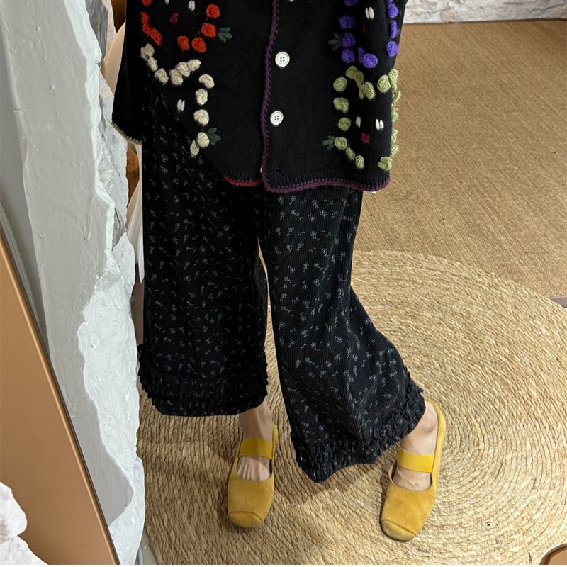 秋冬裤子宽松bf慵懒风复古小个子休闲灯芯绒加厚花边X碎花阔腿裤
