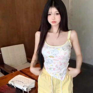 新品特大码大码胖mm300斤涂鸦纯欲蝴蝶结修身显S瘦女背心吊带短款