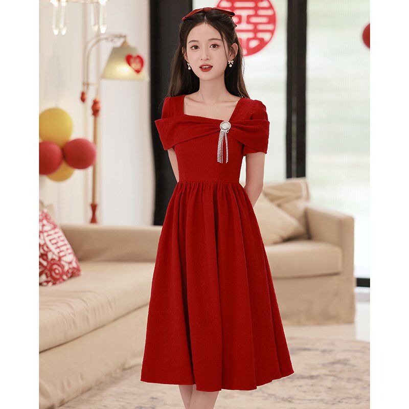 新品孕妇敬酒服新娘高腰遮肚子红色订婚礼服回门R便装连衣裙大码