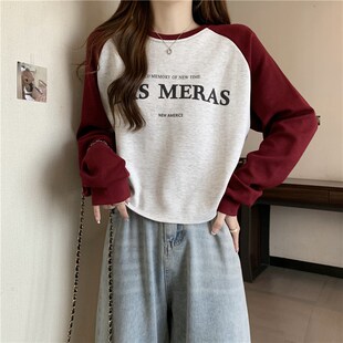 新品闺蜜装拼色插肩m长袖卫衣女春季韩版百搭宽松显瘦圆领无帽短