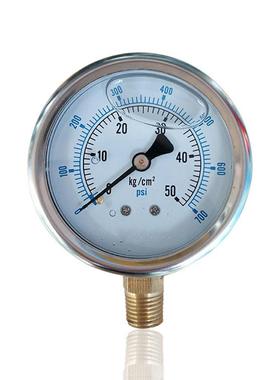 径向不锈钢耐震压力表304立装液压注油加液YBN63 50KG 700PSI 1/4