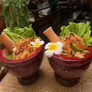 西双版纳凉拌舂桶 舂钵 泰国实木傣味冲鸡脚对窝打碎机景颇舂菜筒