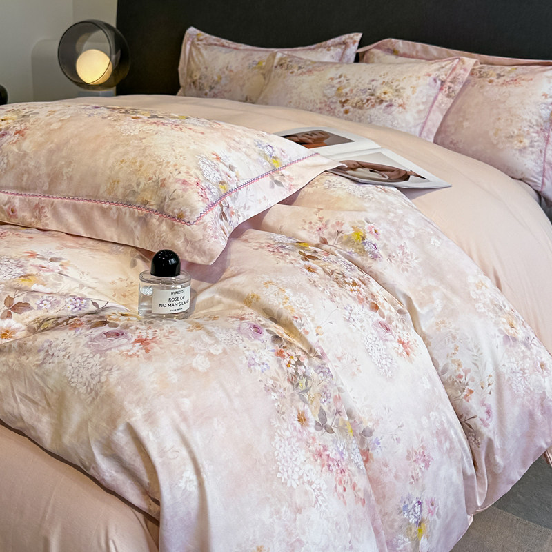 轻奢简约小清新纯棉四件套100%全棉纯色四季款数码印花床上用品4