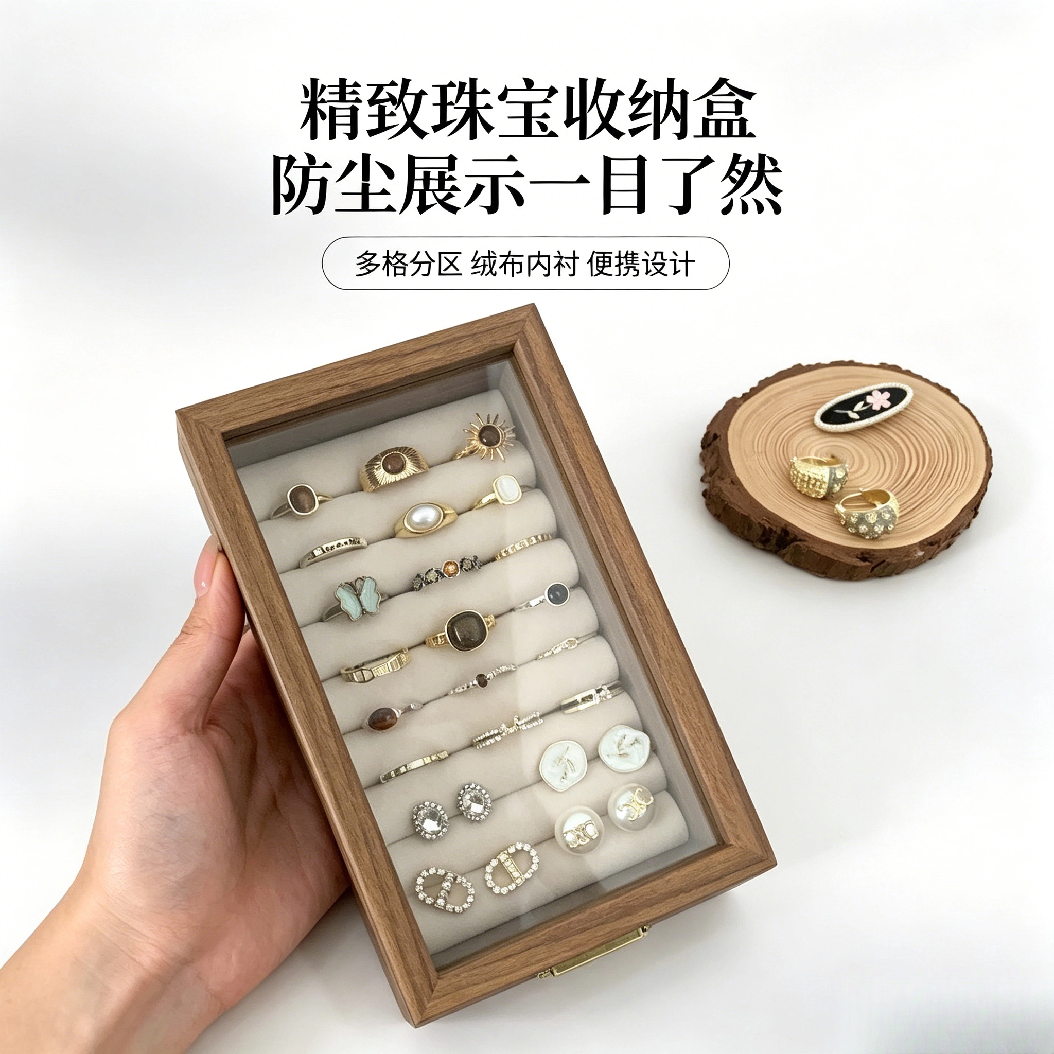透明盖实木戒指收纳盒 长条形分格设计耳钉耳环饰品防尘盒图片