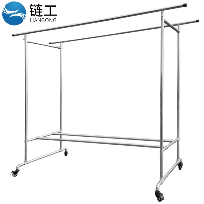 链工镀锌钢管晾衣架防风加厚晒被架简易落地户外双杆水管.加轮A款