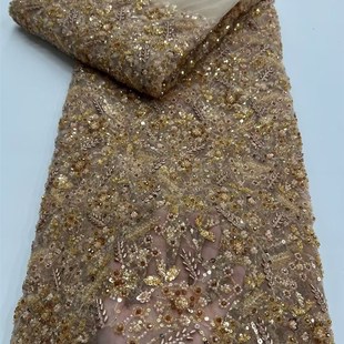 亮片线条刺绣花钉珠绣新款珠片布料蕾丝网纱面料礼V服婚纱面料服