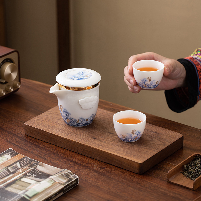 羊脂玉白瓷旅行茶具便携套装w陶瓷快E客杯一壶两杯旅游随身茶具简