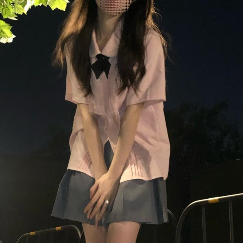 甜美套装学生夏短袖jk制服粉色衬衫女宽松风琴褶衬衣百褶裙两件套