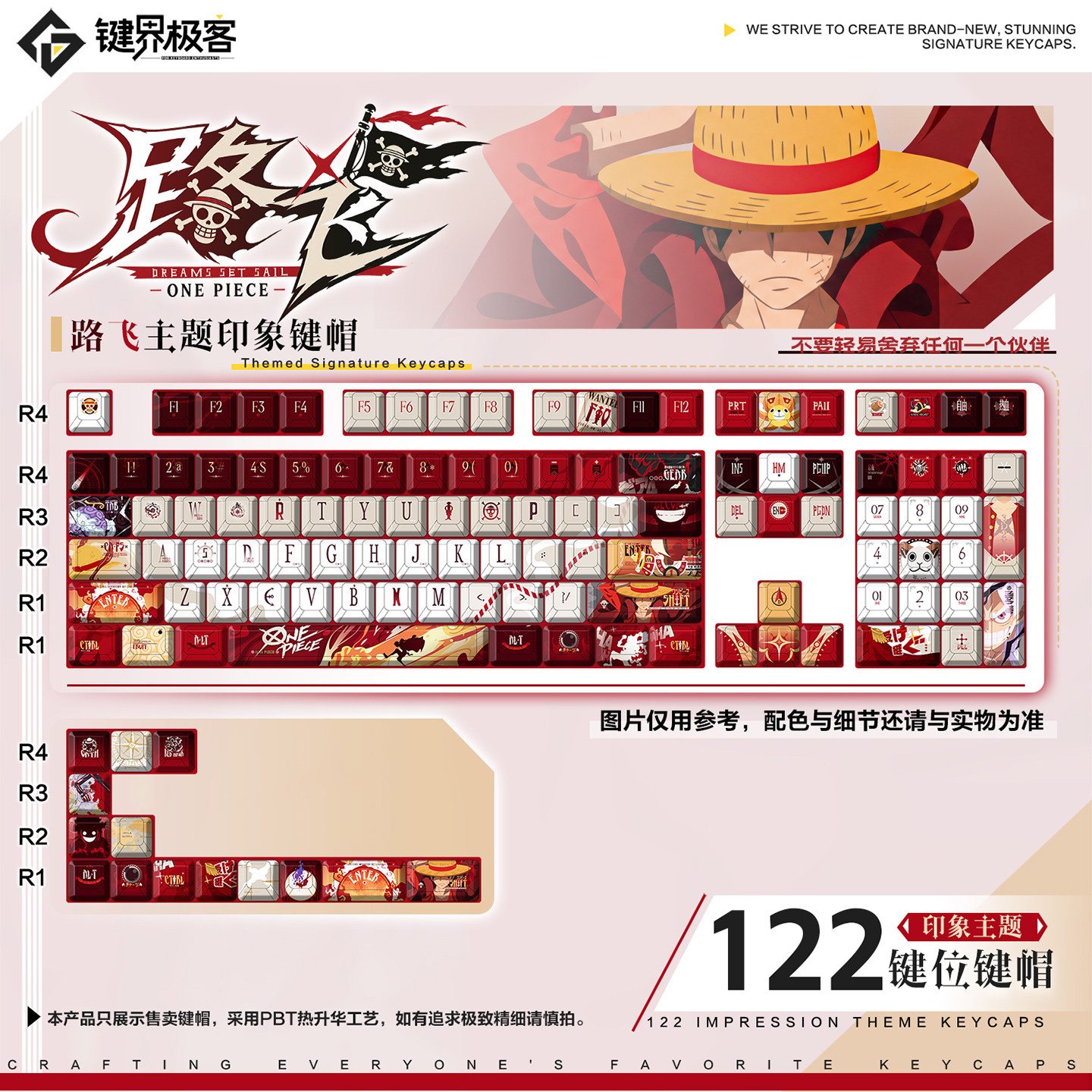 键界极客原厂海贼王路飞印象款动漫PBT游戏侧刻MOA二次元周边键帽