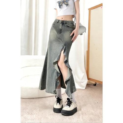 小个子包臀长裙牛仔开叉鱼尾裙女