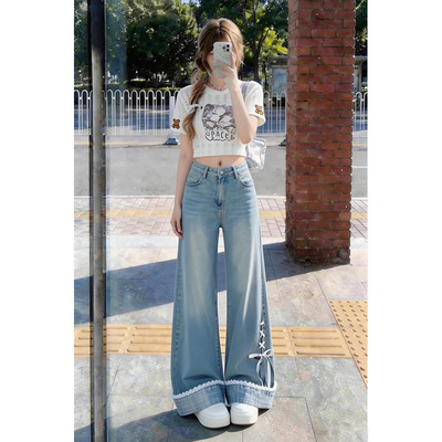 小众翻边阔腿牛仔裤女2026春季