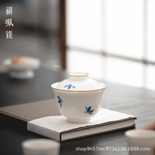 禧珮镁手绘蝴蝶兰花白瓷盖碗陶瓷二才泡茶器家用不烫手大容量茶碗