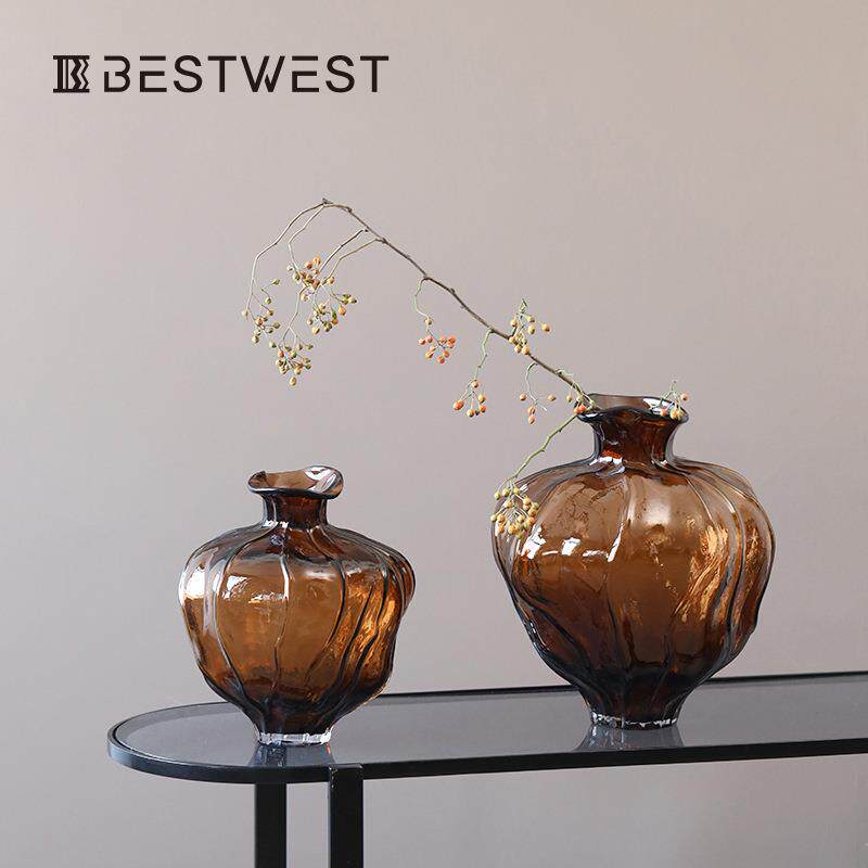 Bestwest北欧手工波浪口花边新棕色大肚子玻璃花瓶样板间客厅装饰