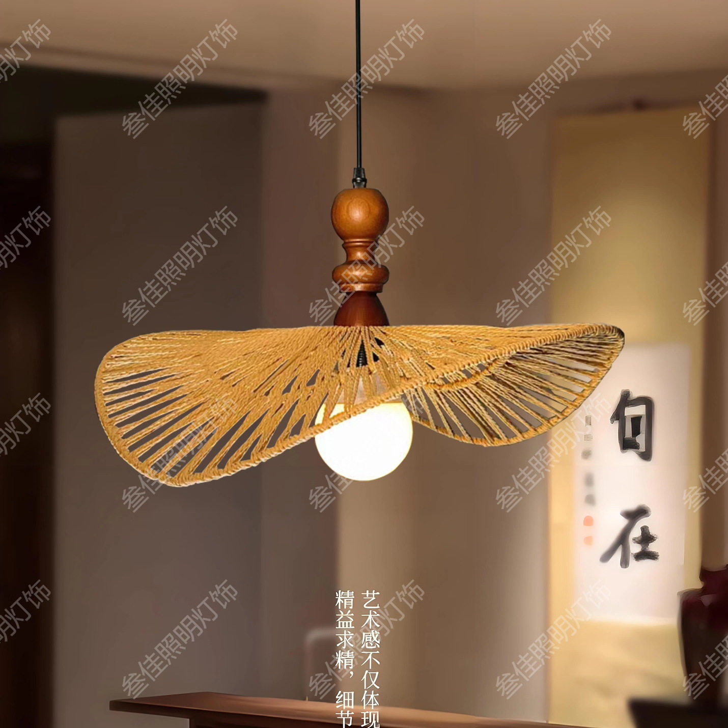 古典风餐厅饭店民宿火锅店餐桌餐饮吊灯具文艺术灯饰竹编布艺灯罩