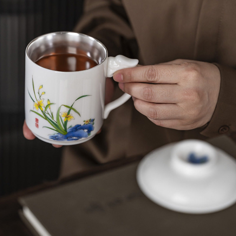 德化羊脂玉瓷办公杯陶瓷会议杯带过滤茶水分离泡茶杯精致高档水杯