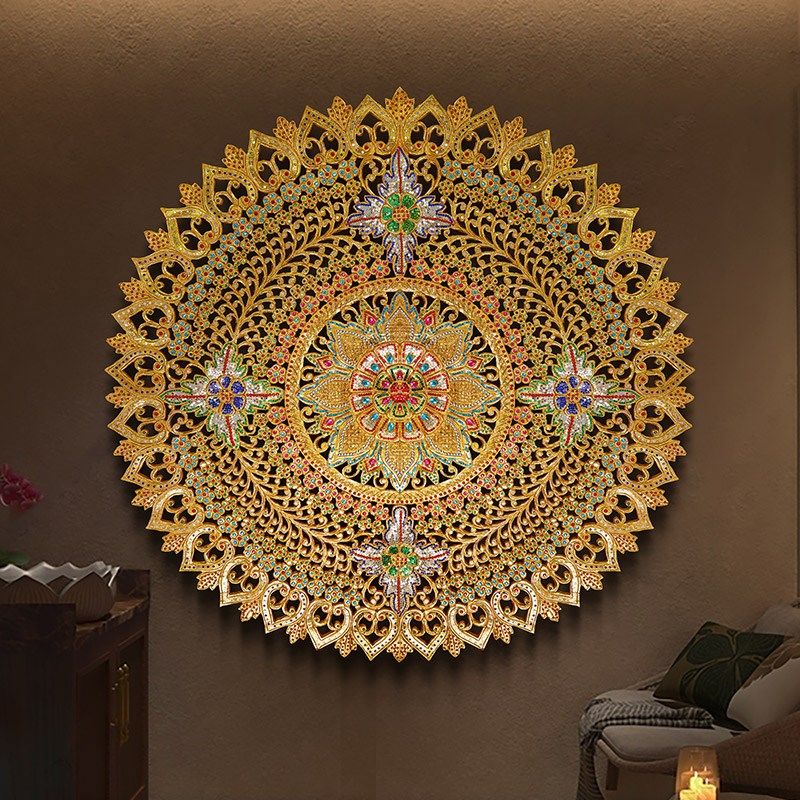 极速泰国a木雕工艺品圆形雕花板壁挂泰式酒店会所客厅玄关背景装