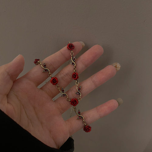 极速新潮镶钻玫瑰花朵叶子项链港风复古气质锁骨链时X尚浪漫设计