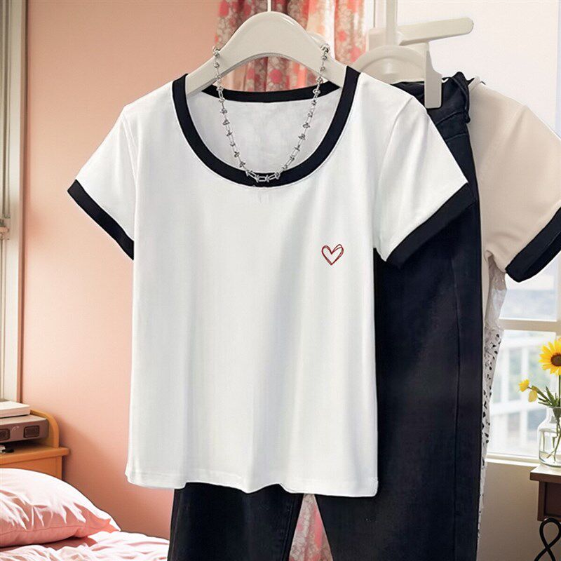 新品纯棉正c肩U领修身短袖t恤女夏季设计感小个子纯欲显瘦上衣202