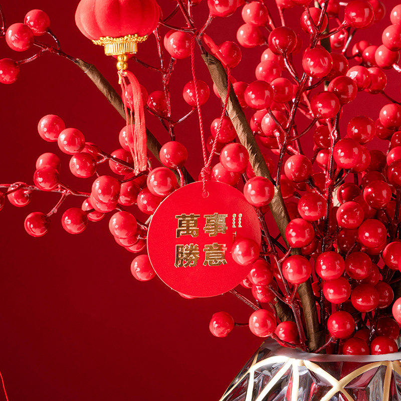 新品发财果红果子假花仿真花摆设B客厅红色红果年宵花餐桌花装饰