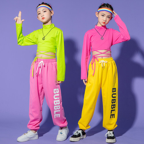 新品女童街舞表演服露脐装绑带高领E嘻哈服小姐姐爵士舞演出服模