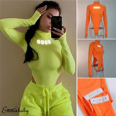 新品hirigin Sexy lWomen Reflective Letter Print Neon Green P