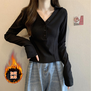 新品大码小个子短款内搭q打底衫女胖妹妹秋冬正肩显瘦加绒加厚v领