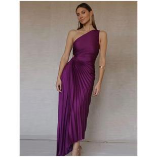 Collar Pleated Diagonal Shoulder Maxi Elegant Dresses One