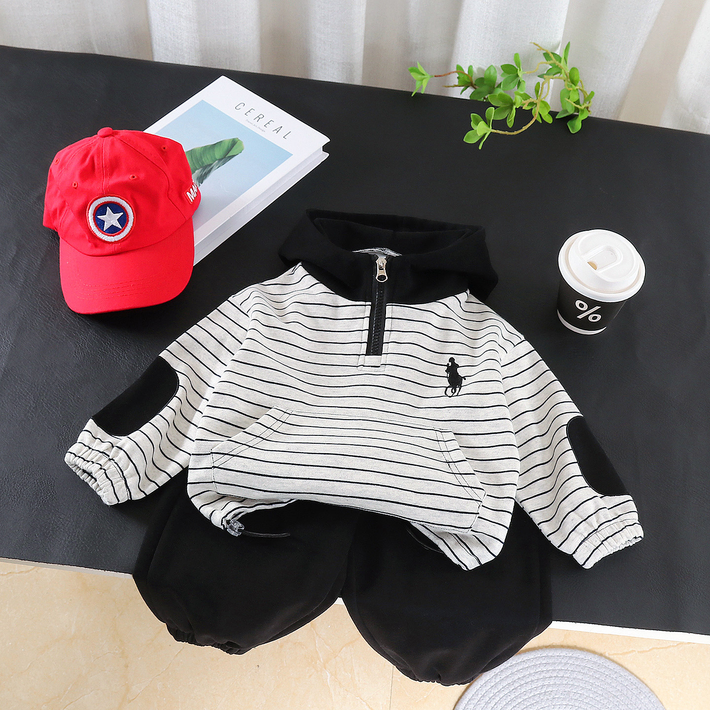 男童条纹连帽卫衣套装春秋韩版休闲两件套男宝宝潮帅气时髦套装