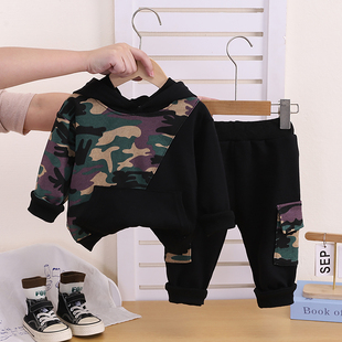 儿童迷彩运动套装秋季薄款连帽卫衣两件套男女童洋气时髦春秋衣服