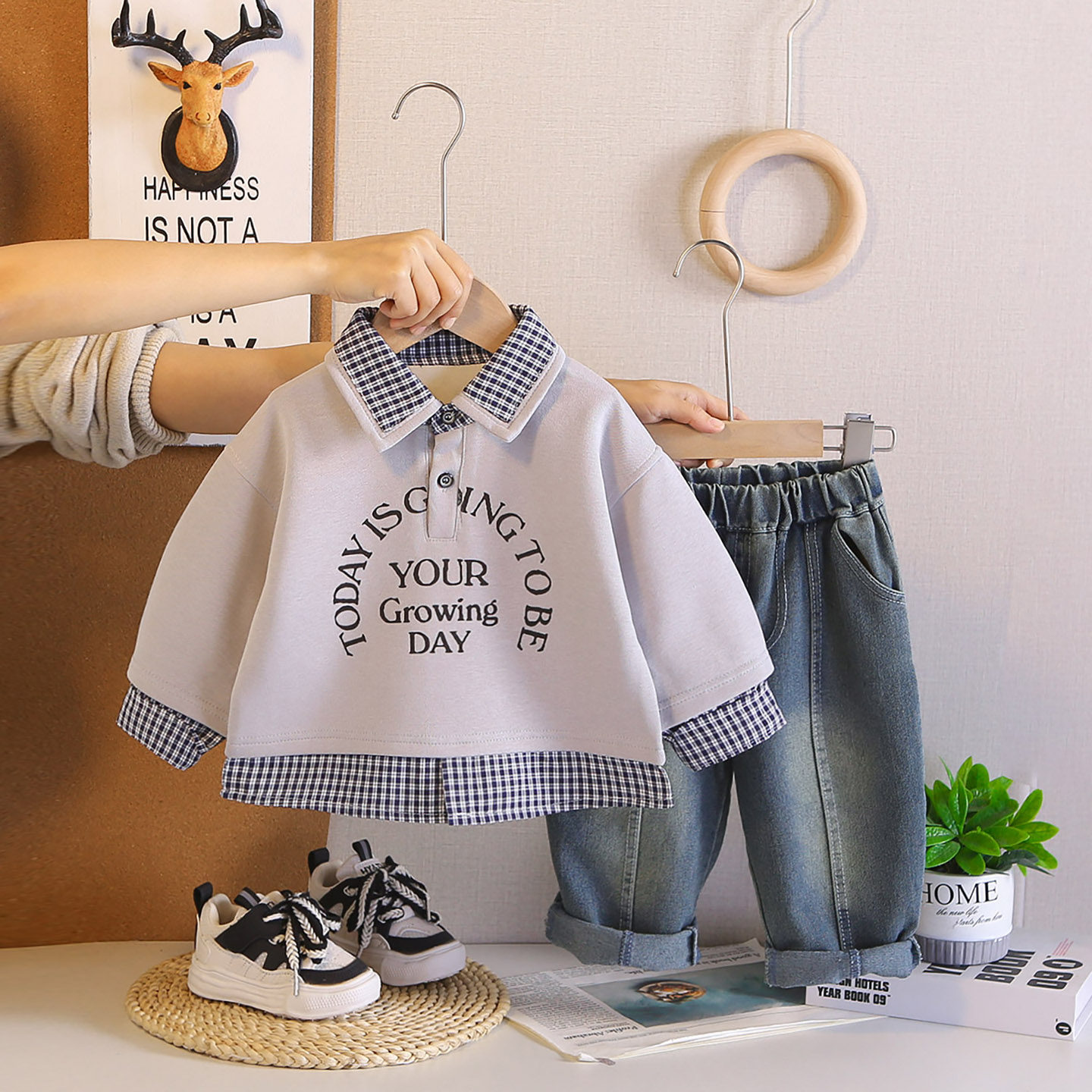 男童春秋POLO领格子假两件套装洋气休闲卫衣牛仔裤两件套宝宝春装