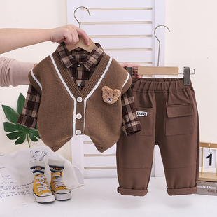 春秋男童小熊毛衣三件套韩系休闲潮流宝宝衬衫针织马甲套装洋气