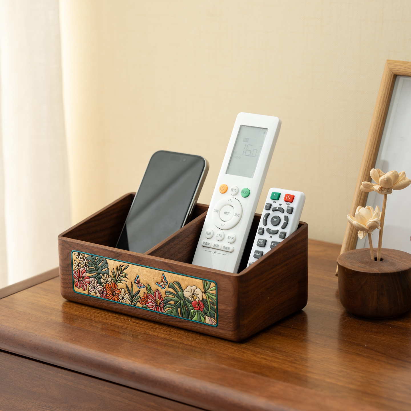 遥控器收纳盒轻奢高档中式胡桃木摆件实木茶几收纳盒客厅创意新款