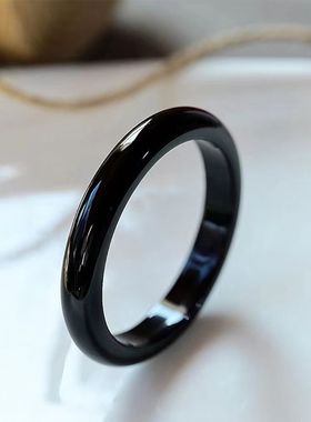 天然黑曜石宽手镯女款时尚个性简约百搭黑色手镯招财转运手镯