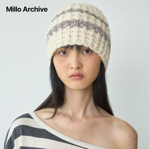 Millo Archive25冬款拼色条纹针织毛线帽女冬季保暖百搭无檐简约