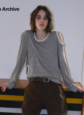 【姜涩琪同款】Millo Archive2025春季新款露肩条纹T恤长袖女宽松