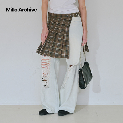 Millo Archive2025春季新款时尚美式复古格纹拼接百褶半身裙百搭