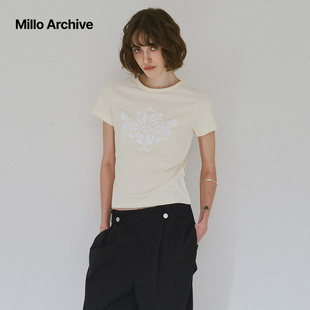 Millo Archive2025新款印花圆领短袖T恤女士修身露脐短款上衣