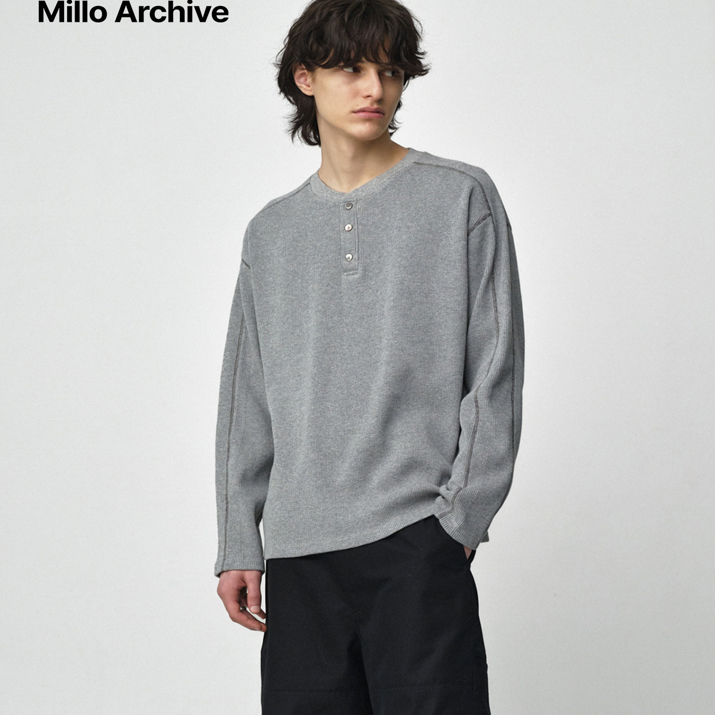 Millo Archive2025新款宽松华夫格长袖上衣休闲百搭拼接