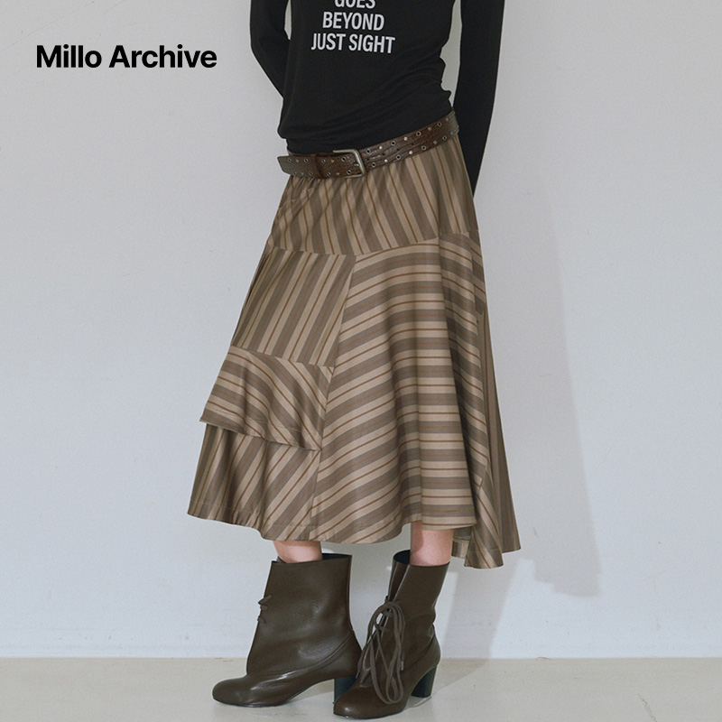 Millo Archive2025春季中长裙遮胯百搭伞裙不规则设计条纹半身裙