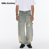 Archive2024夏季 美式 新品 Millo 破洞牛仔裤 男女同款 休闲宽松长裤