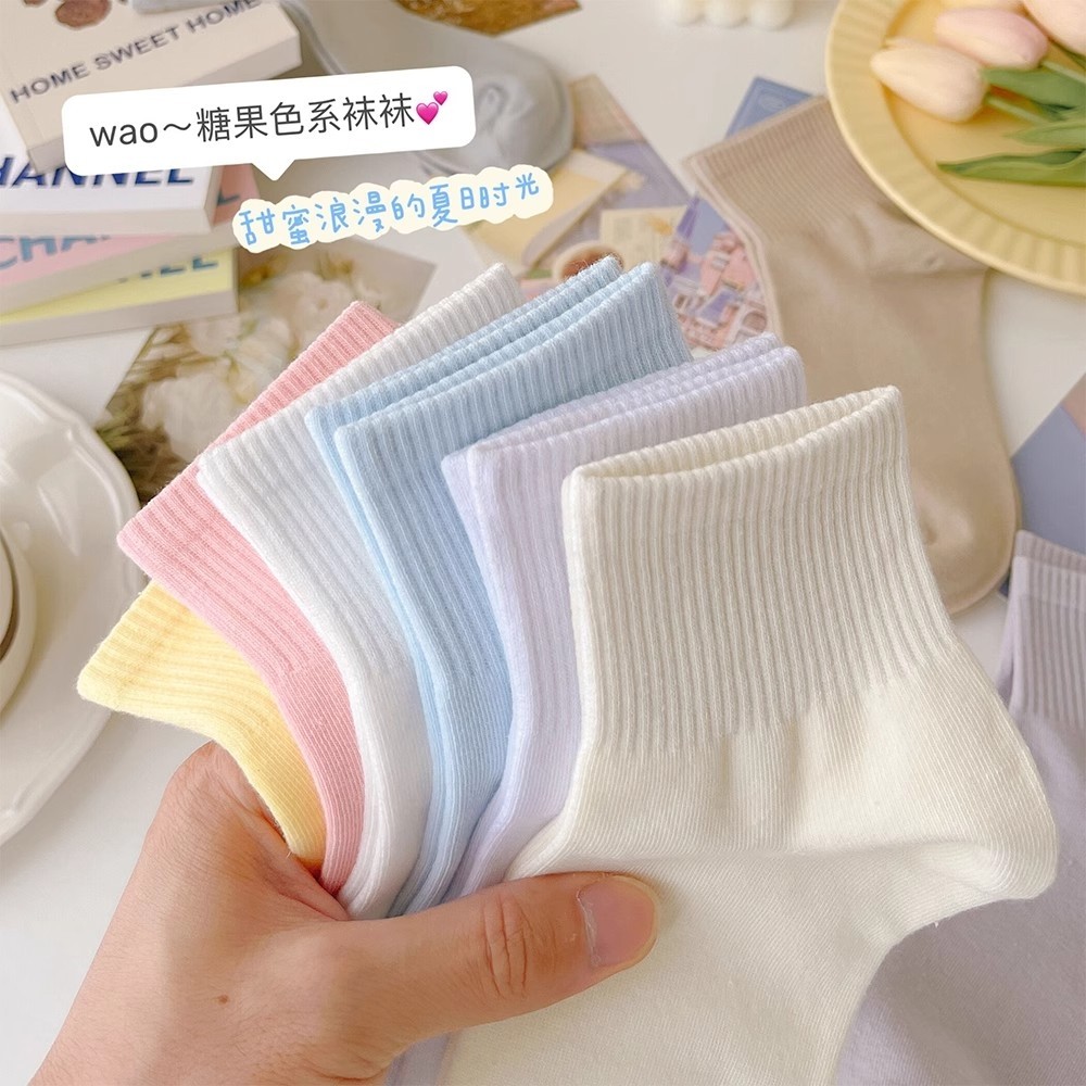 奶油纯色袜子女纯棉夏季薄款学院风韩版运动袜中筒袜可爱日系短袜