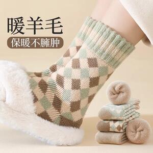 菱形格袜子女冬季加绒中筒袜女士羊毛加厚保暖复古秋冬季毛圈长袜